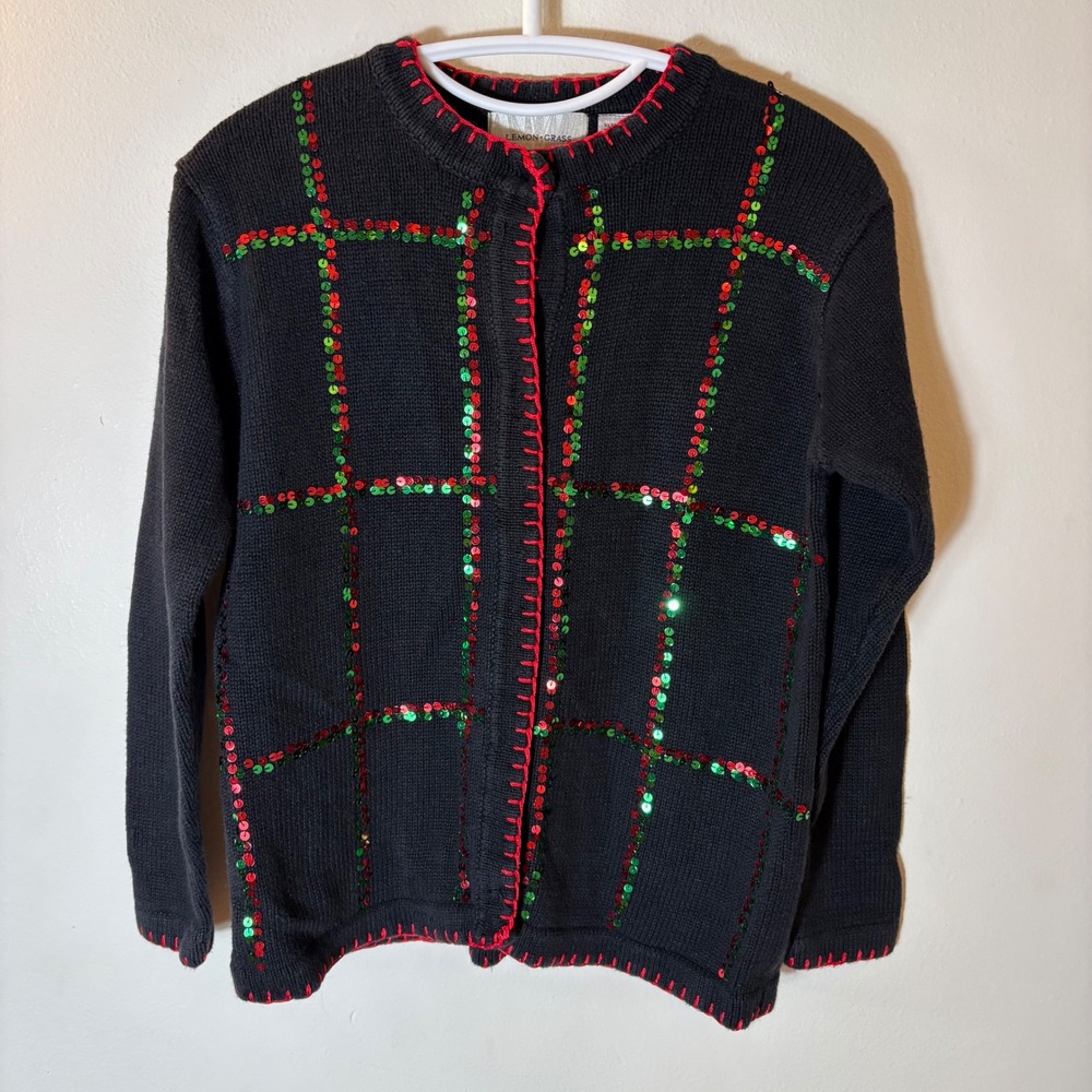 Lemon Grass Sequin Christmas Cardigan Sweater Size PS‎